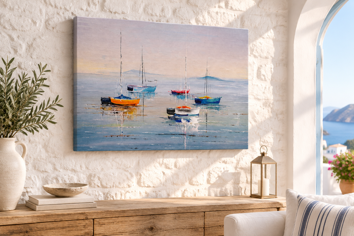 Tableau marin sur mur en pierre blanche
