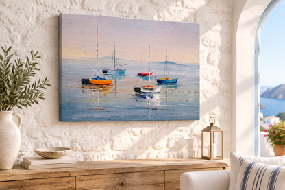 Tableau marin sur mur en pierre blanche