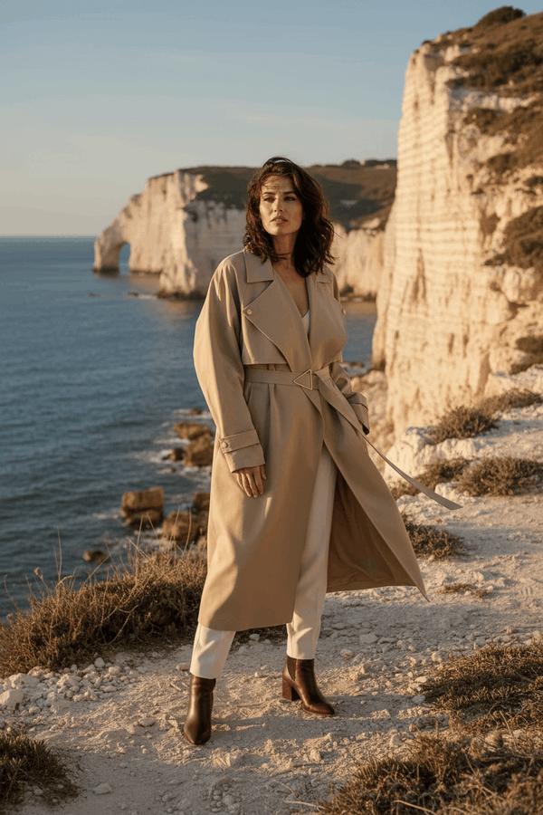 Trench long oversize larges revers ceinture boucle triangulaire