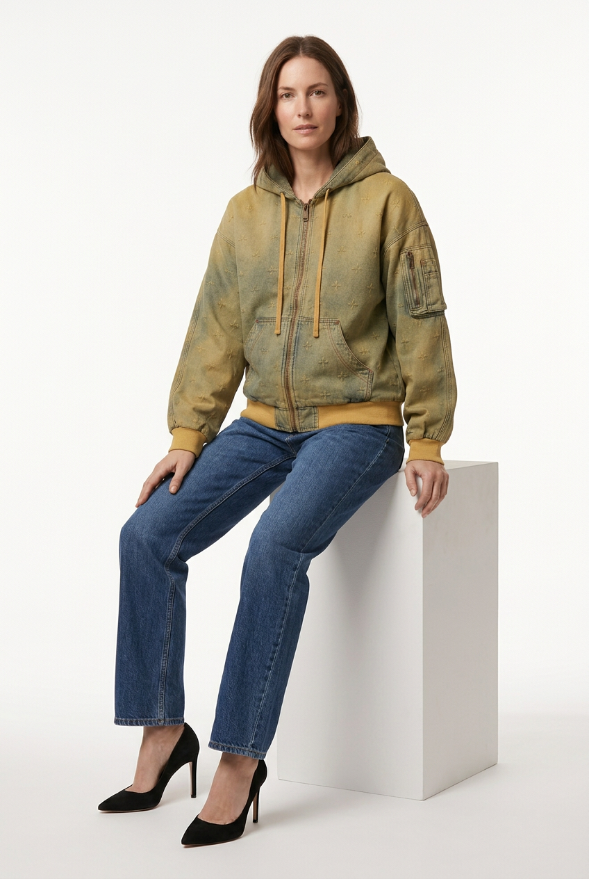 Veste kaki portée assise avec jean et talons